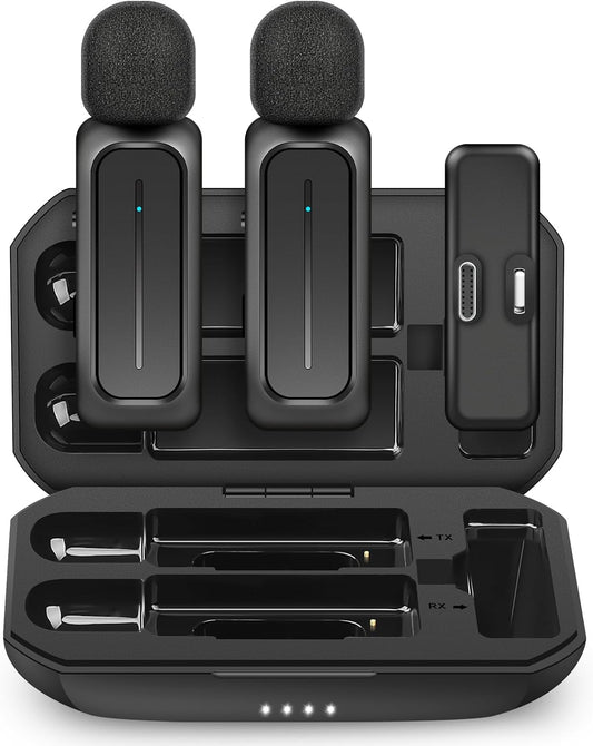 2 Pcs Wireless Lavalier Microphone for Iphone Ipad Android with Charging Case 7H Clip on Lapel Microphone Wireless for Video Recording Vlogging, Youtube, Interview, 3 Mode Denoise, 70Ft