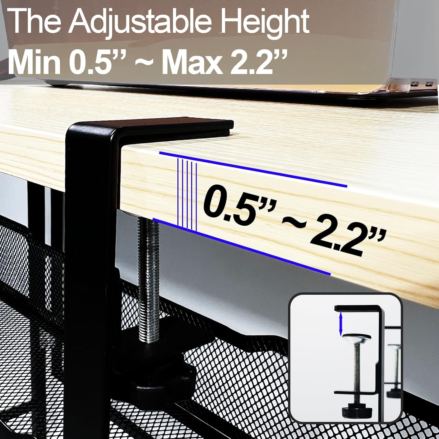 No Drill under Desk Cable Management Tray with Clamp-Premium Wire Tray Cord Organizer – Thin Steel Cable Tray Basket with Charger Holder for Desk–Black Cable Management Box–Easy to Install