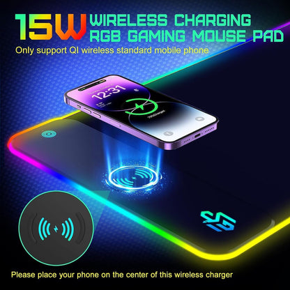 Wireless Charging RGB Gaming Mouse Pad 15W, LED Mouse Mat 800X300X4Mm, 10 Light Modes Extra Large Mousepad Non-Slip Rubber Base Computer Keyboard Mat for Gaming, Macbook, PC, Laptop, Desk