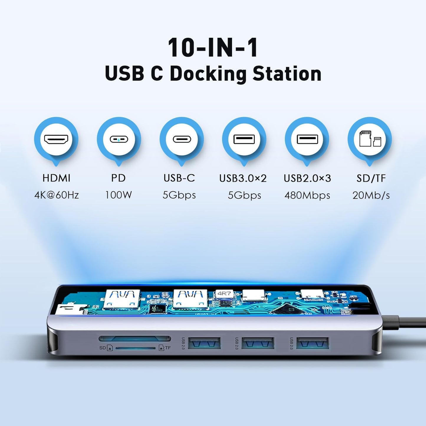 10-In-1 USB C Hub with 4K HDMI Adapter, SD/TF Card Reader, 100W PD Charging, 2 USB 3.0 Ports, and 2 USB 2.0 Ports for Macbook Pro/Air, Dell XPS, Lenovo Thinkpad, Etc.