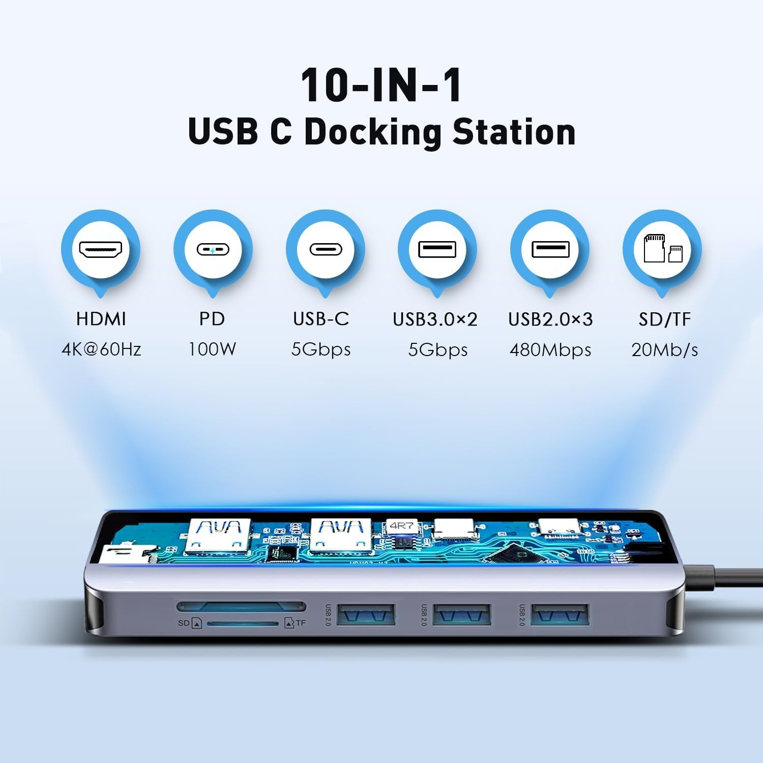 10-In-1 USB C Hub with 4K HDMI Adapter, SD/TF Card Reader, 100W PD Charging, 2 USB 3.0 Ports, and 2 USB 2.0 Ports for Macbook Pro/Air, Dell XPS, Lenovo Thinkpad, Etc.