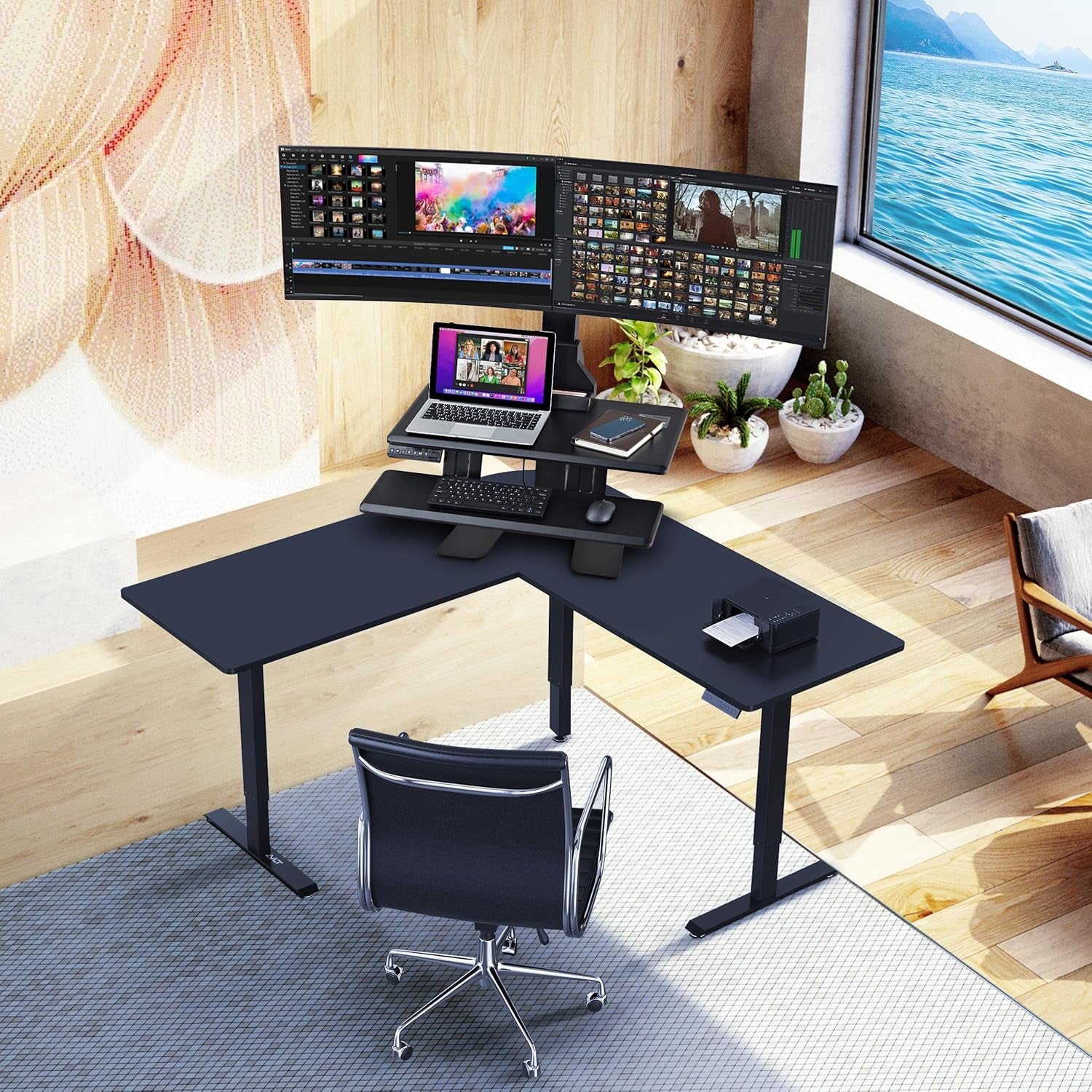 Dual 32" Monitor Electric Standing Desk Converter with Huge Keyboard Tray Extra Large 28"X 16" Spacious Tabletop Motorized Automatic Height Adjustable Sit to Stand Table Sturdy Small Footprint