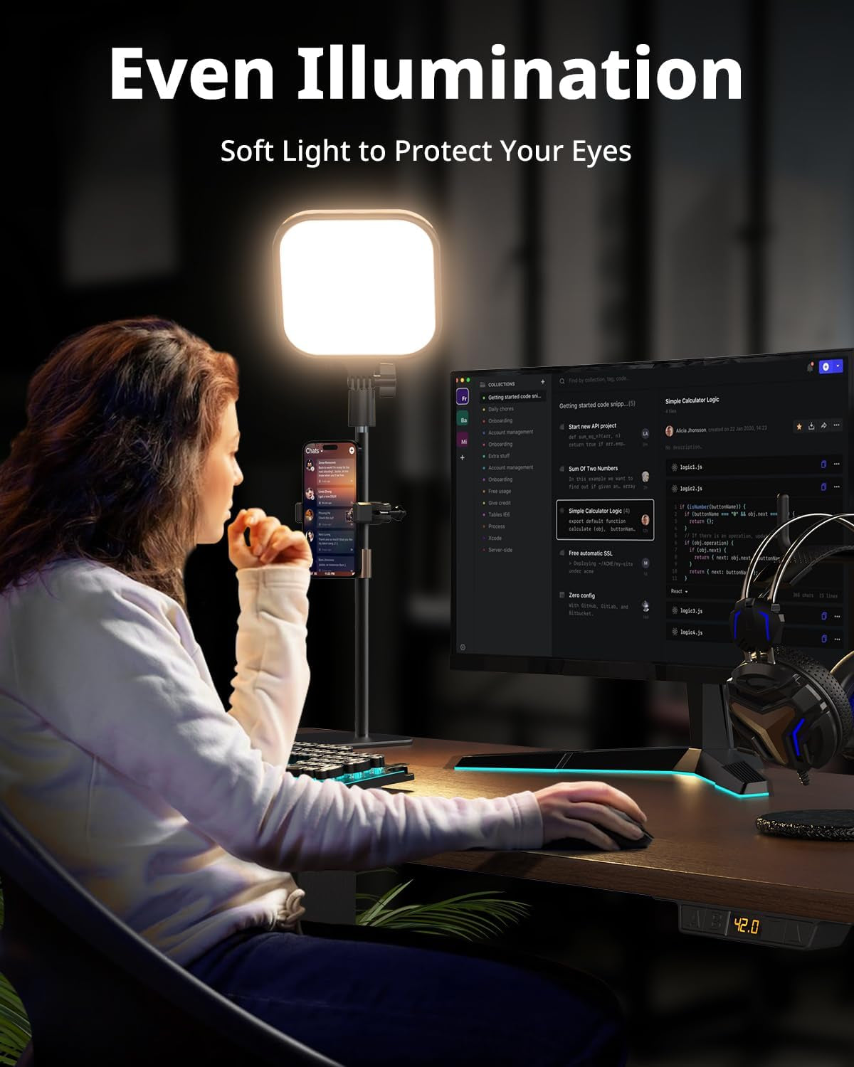 Zoom Lighting for Computer, Video Conference Lighting for Video Calls, Desk Light with Stand and Phone Holder for Webcam, Home Office, Podcast, Online Meetings, Live Streaming