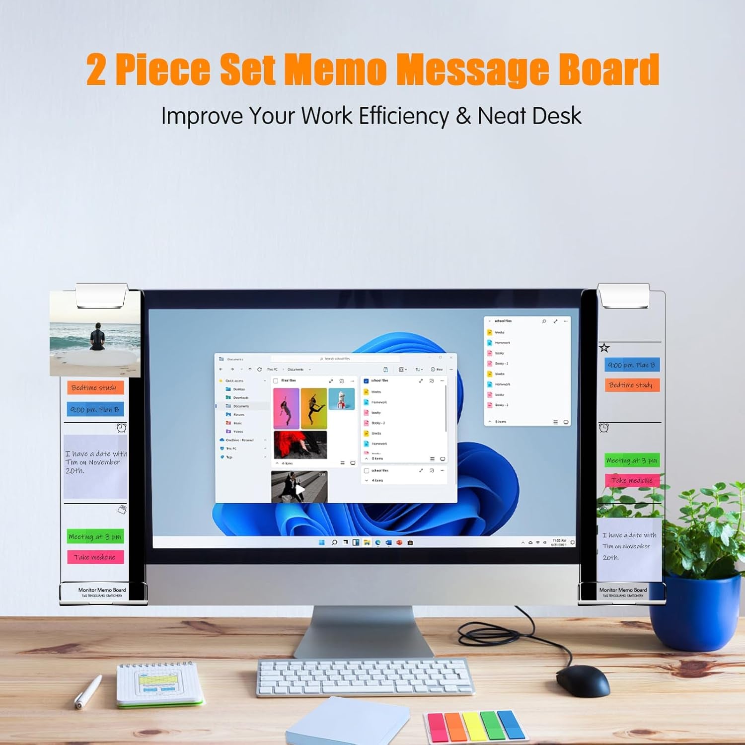 Monitor Memo Board, Multifunction 2Pcs Office Desk Accessories Sticky Note Holder, Acrylic Computer Screen Message Memo Board, Desk Accessories with Random Sticky Notes Office Decor Supplies