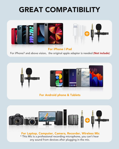 2Pcs Professional Lavalier Lapel Microphone 3.5Mm Compatible with DJI Mic/Rode Wireless GO Transmitters for Smartphone Camera, Mini Mic for Youtube, Interview, Video, Broadcasters