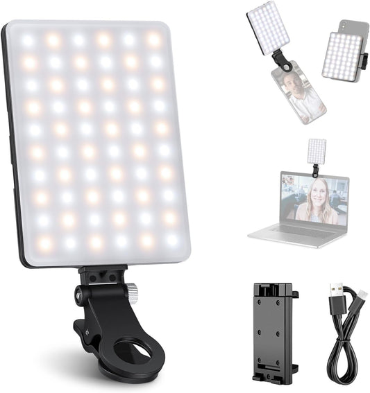 Basic Selfie Light with Front & Back Phone Clip, 60 LED 2000Mah Rechargeable CRI 95+, 3 Light Modes, Portable Clip on Light for Phone/Tablet/Laptop, Zoom Call Tiktok Video Fill Light - NL-60AI
