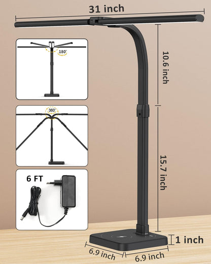 LED Desk Lamp for Home Office, Double Head 24W with Base, Architect Light 5 Lighting Brightness Flexible Gooseneck Table Reading Study, Black