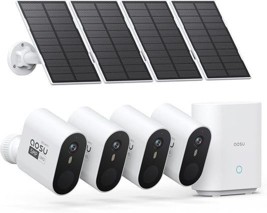 3K/5MP Solar Security Cameras Outdoor Wireless, Ultra HD Video Home Security System 4-Cam Kit with 166° Ultra Wide Angle, Cam-To-Cam Sync, Color Night Vision, Spotlight & Siren, No Monthly Fees
