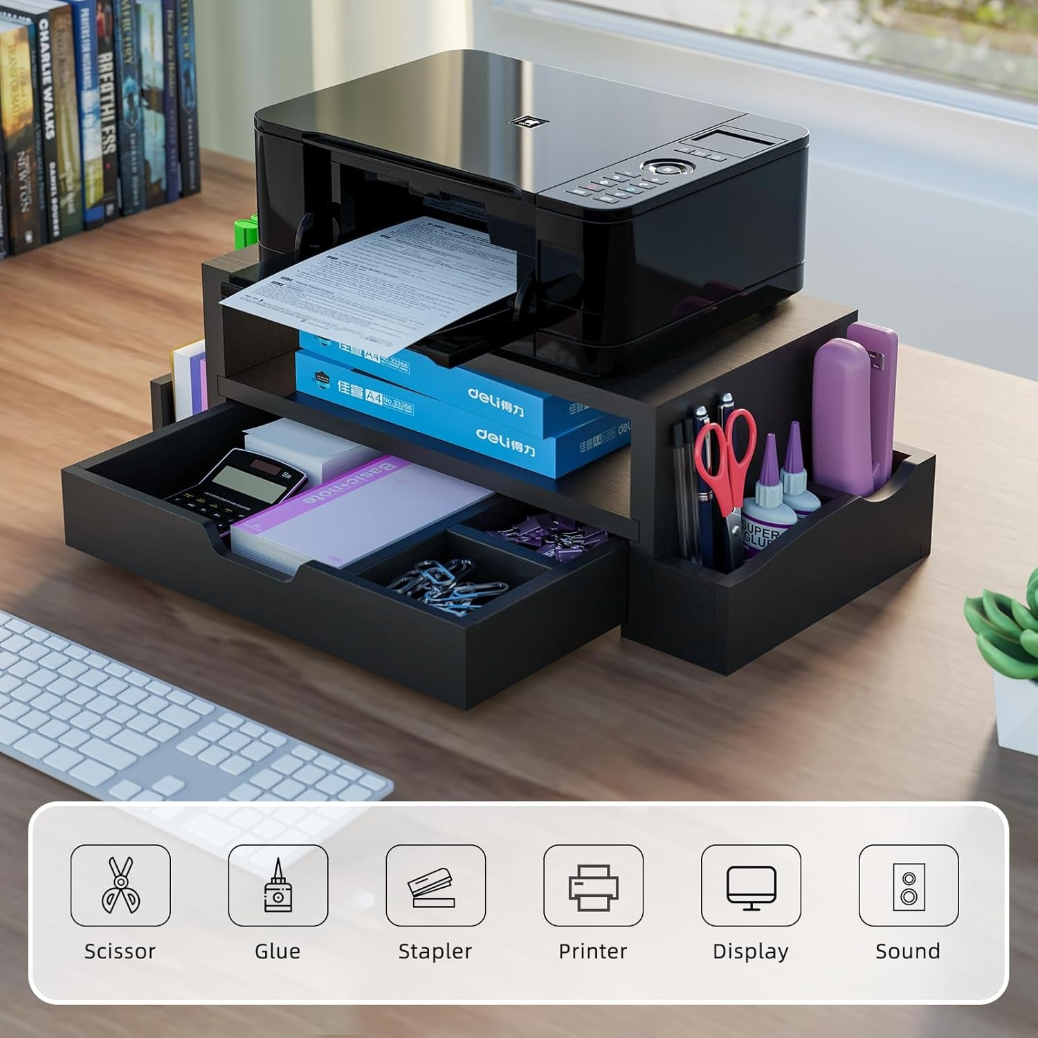 Monitor Stand Riser and Computer Wood Desk Organizer with Drawer and Pen Holder for Laptop, Computer, Imac, Black