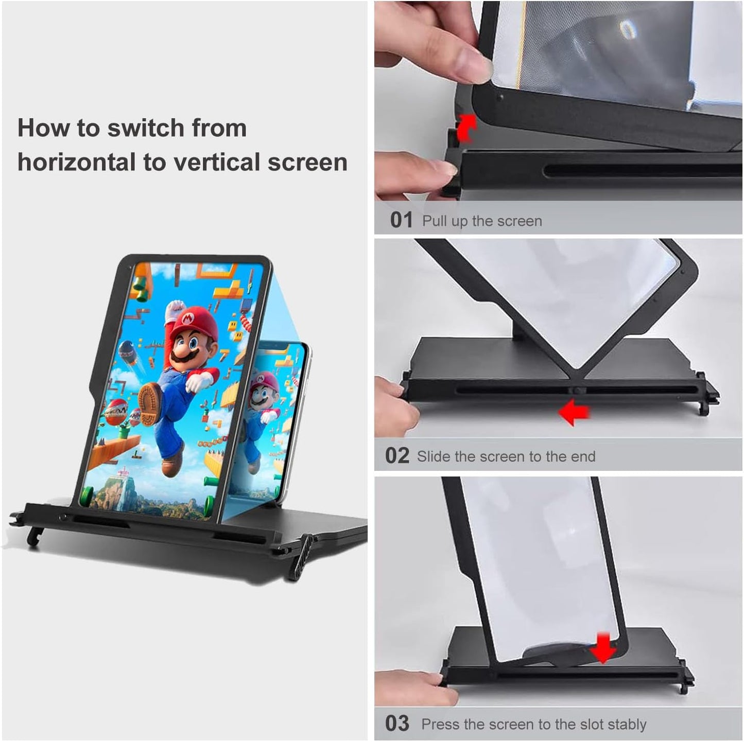 12" Foldable Smartphone Screen Magnifier for Cell Phone, Portable 3D Hd Mobile Phones Video Amplifier with Vertical and Horizontal Magnifying Display for Smartphones, for Watching Movie Videos