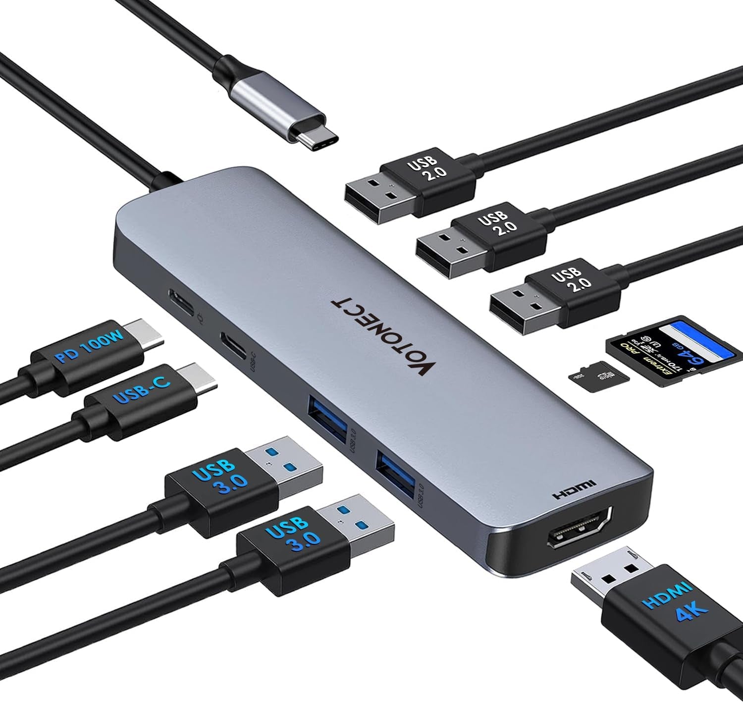 10-In-1 USB C Hub with 4K HDMI Adapter, SD/TF Card Reader, 100W PD Charging, 2 USB 3.0 Ports, and 2 USB 2.0 Ports for Macbook Pro/Air, Dell XPS, Lenovo Thinkpad, Etc.