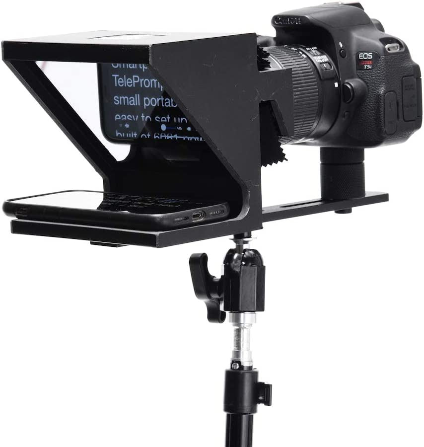 The Original Compact Personal Teleprompter for Video Production. No Studio Required. Perfect for Dslrs, Webcams, and Built-In Laptop Cameras. Use with Ios or Android.