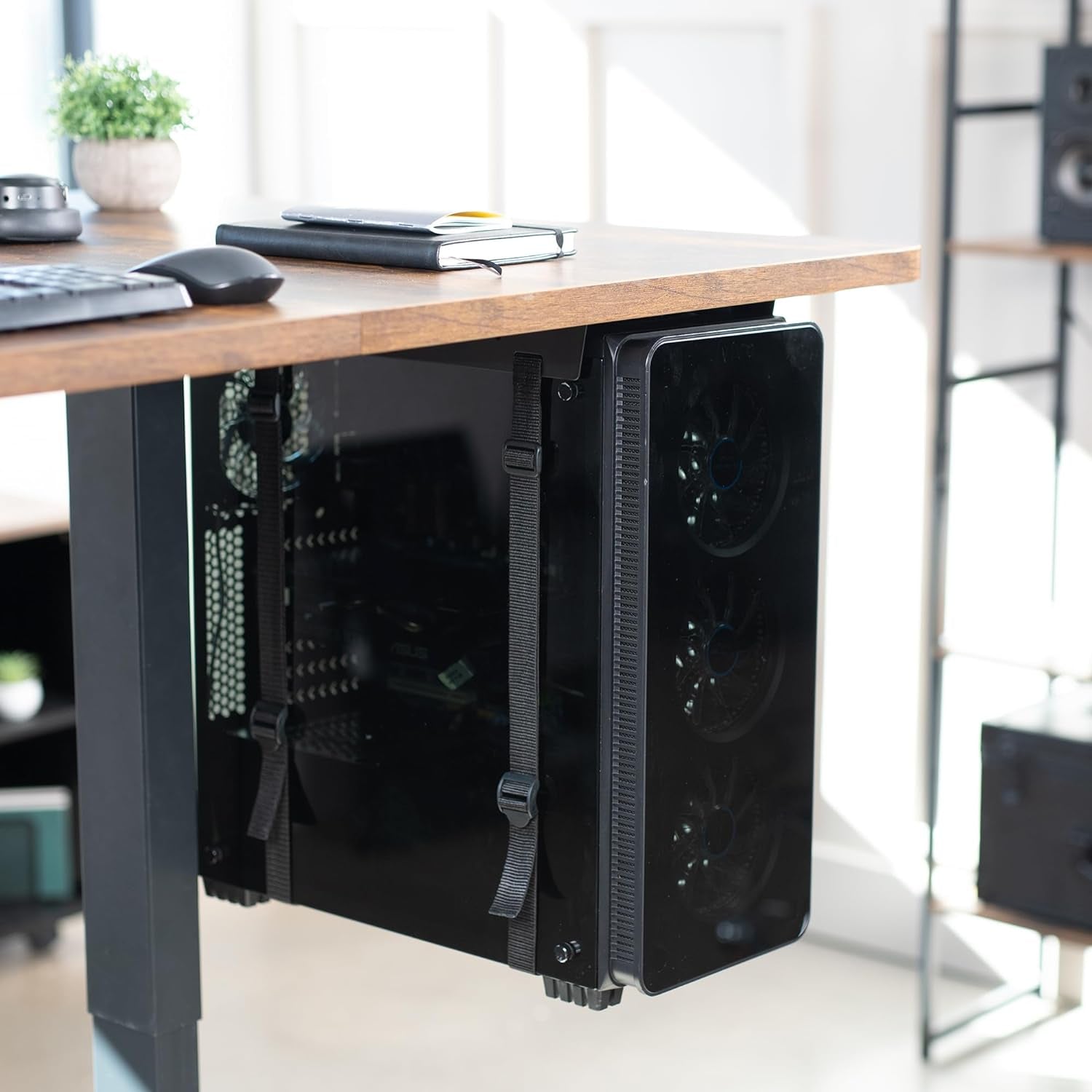 Under-Desk and Wall Mount PC Adjustable Strap and Steel Bracket Holder, Computer Case Carrier, Black, MOUNT-PC02S