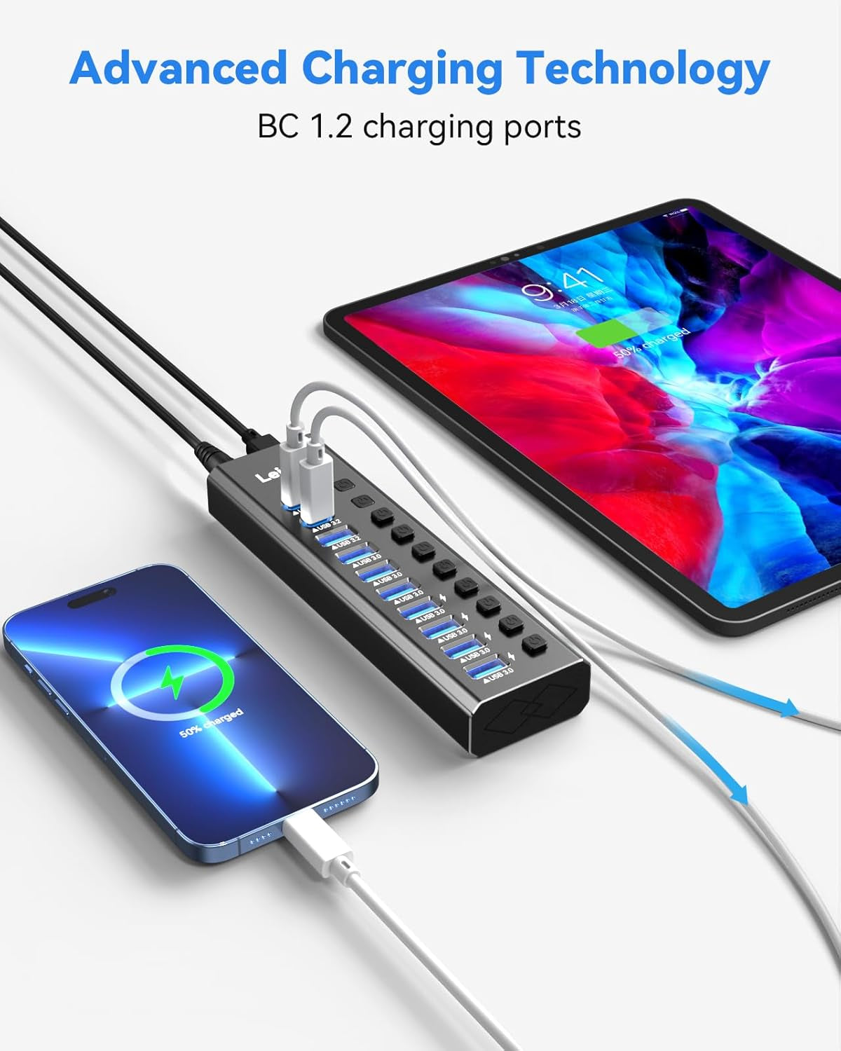 Powered USB Hub 3.2,  10-Port USB 3.2/USB C Hub (10Gbps USB-A 3.2 +2 USB-C 3.2 +7 USB 3.0 Ports) with Individual On/Off Switches and 12V Power Adapter, Aluminum USB Hub Powered for Laptop PC