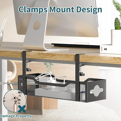 Under Desk Cable Management Tray No Drill, Metal Mesh Cable Management under Desk with Clamp Mount, 2 Hole Cable Tray with Wire Management and Cord Organizer for Home Office Standing Desk