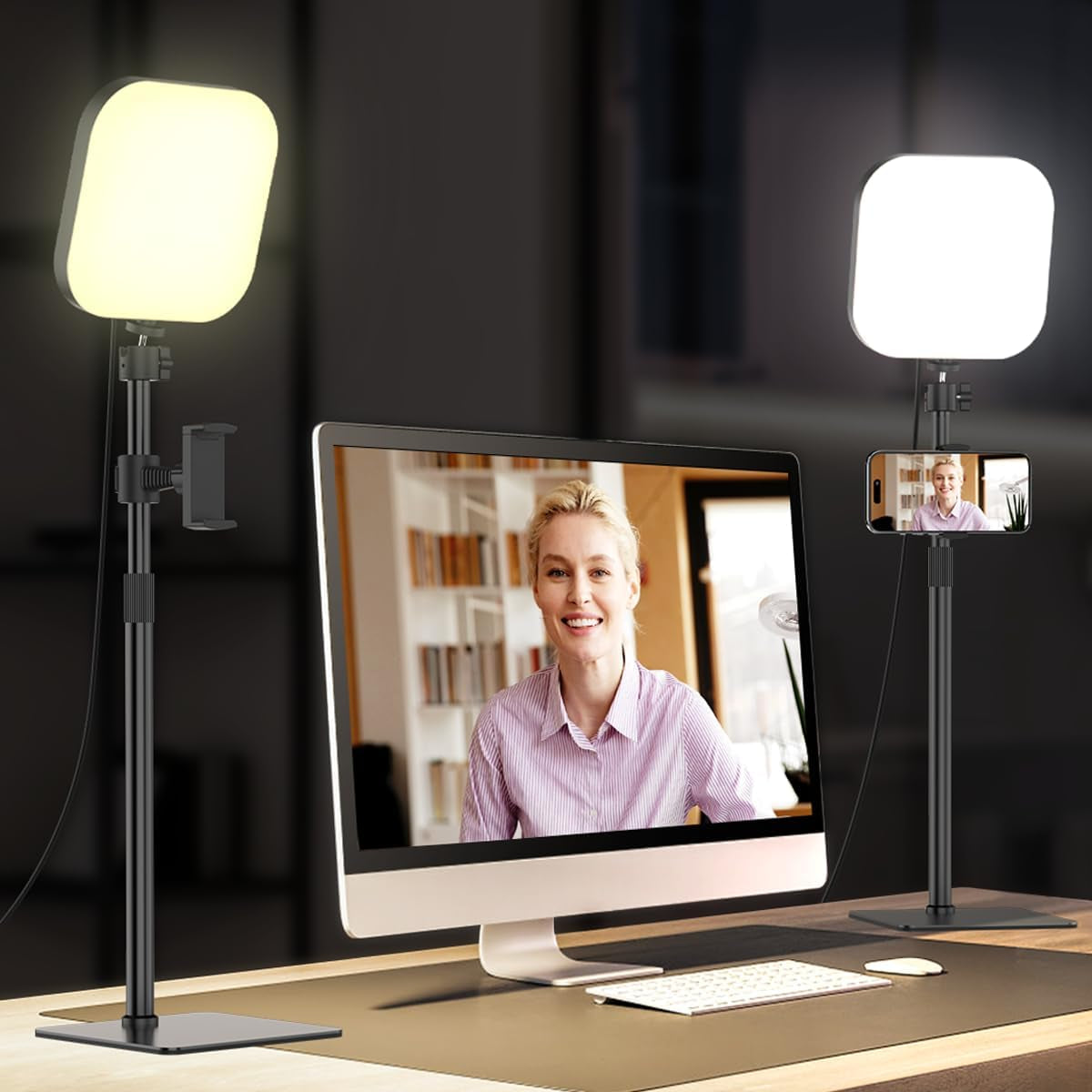 Desk Lamp, 180 LED Video Conferencing Light with Phone Holder [3 Color & 10 Brightness] 360° Adjustable and Retractable USB Lamp with Adapter for Reading, Home Office, Online Meeting, Live Streaming