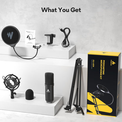 USB Microphone,  192Khz/24Bit Plug & Play PC Computer Podcast Condenser Cardioid Metal Mic Kit with Professional Sound Chipset for Recording, Gaming, Singing, Youtube (AU-A04)