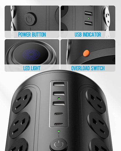 Heavy Duty Power Strip Tower with 16 Outlets and 5 USB Ports (2 USB-C),  1500J Surge Protector with Multiple Outlets, 6 FT Extention Cord for Home Office Desk, Dorm Room Essentials Black