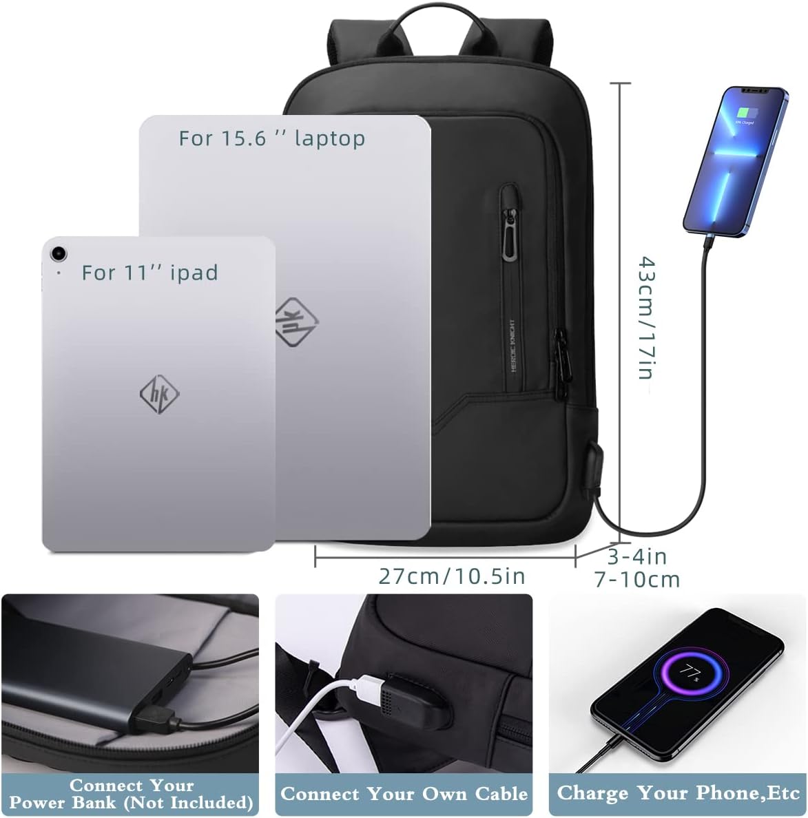 Backpack for Men Business Slim Backpack with USB Charger Computer Lightweight Anti-Theft Travel Backpacks 15.6 Inch Water Resistant Laptop Bag for Work Office College-Black