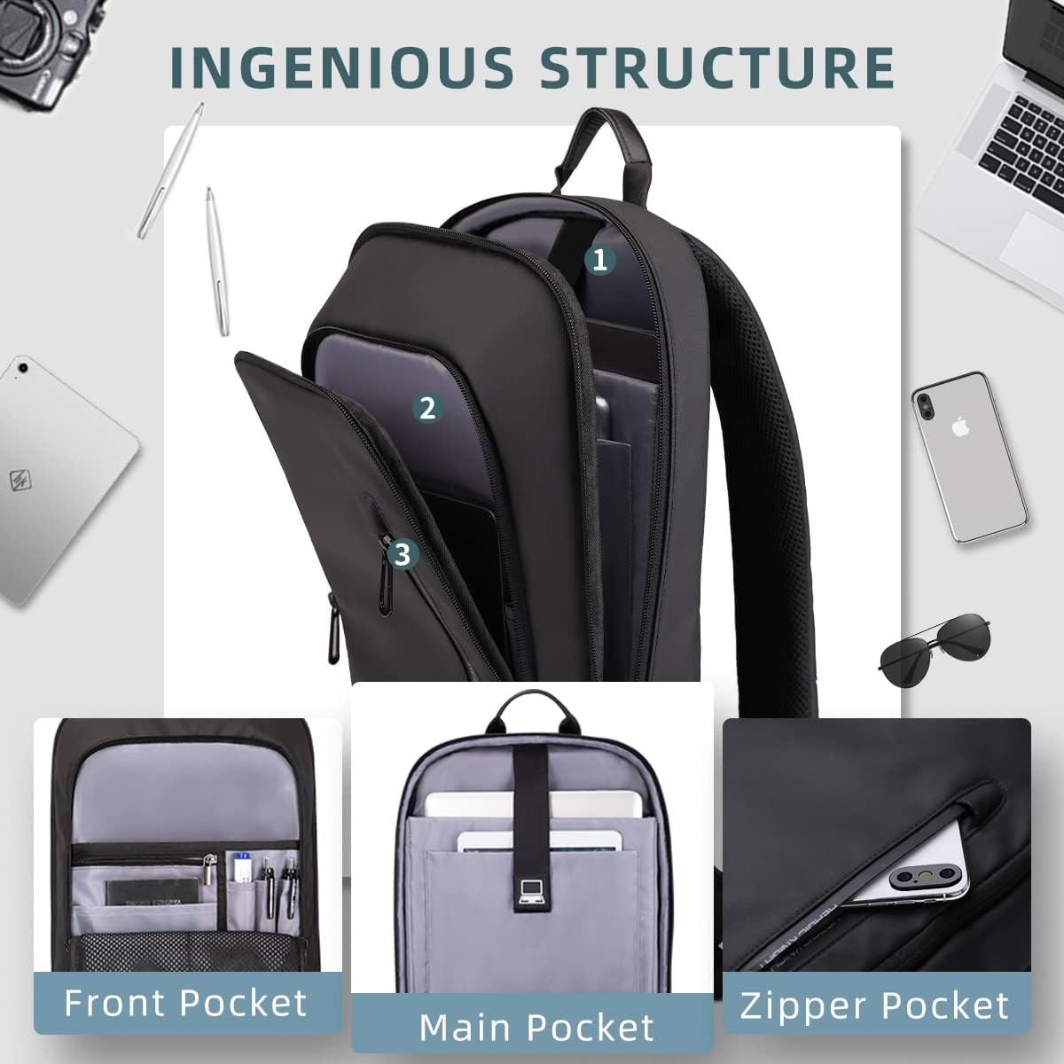 Backpack for Men Business Slim Backpack with USB Charger Computer Lightweight Anti-Theft Travel Backpacks 15.6 Inch Water Resistant Laptop Bag for Work Office College-Black