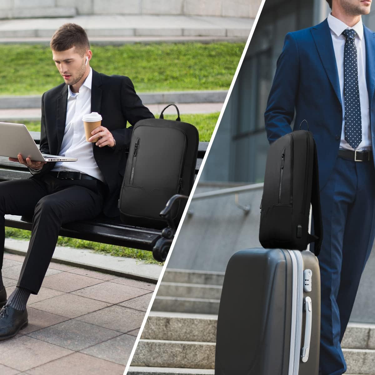 Backpack for Men Business Slim Backpack with USB Charger Computer Lightweight Anti-Theft Travel Backpacks 15.6 Inch Water Resistant Laptop Bag for Work Office College-Black