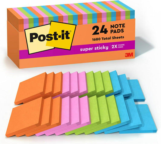 Super Sticky Notes, 24 Sticky Note Pads, 3 X 3 In., School Supplies, Office Products, Sticky Notes for Vertical Surfaces, Monitors, Walls and Windows, Energy Boost Collection