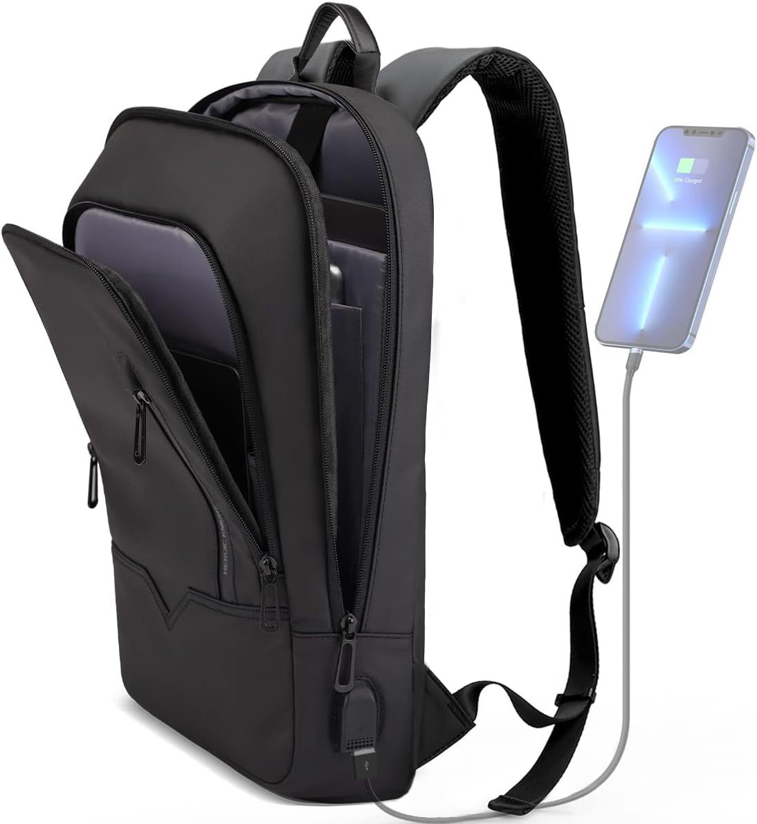 Backpack for Men Business Slim Backpack with USB Charger Computer Lightweight Anti-Theft Travel Backpacks 15.6 Inch Water Resistant Laptop Bag for Work Office College-Black