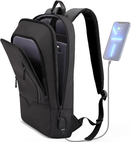 Backpack for Men Business Slim Backpack with USB Charger Computer Lightweight Anti-Theft Travel Backpacks 15.6 Inch Water Resistant Laptop Bag for Work Office College-Black