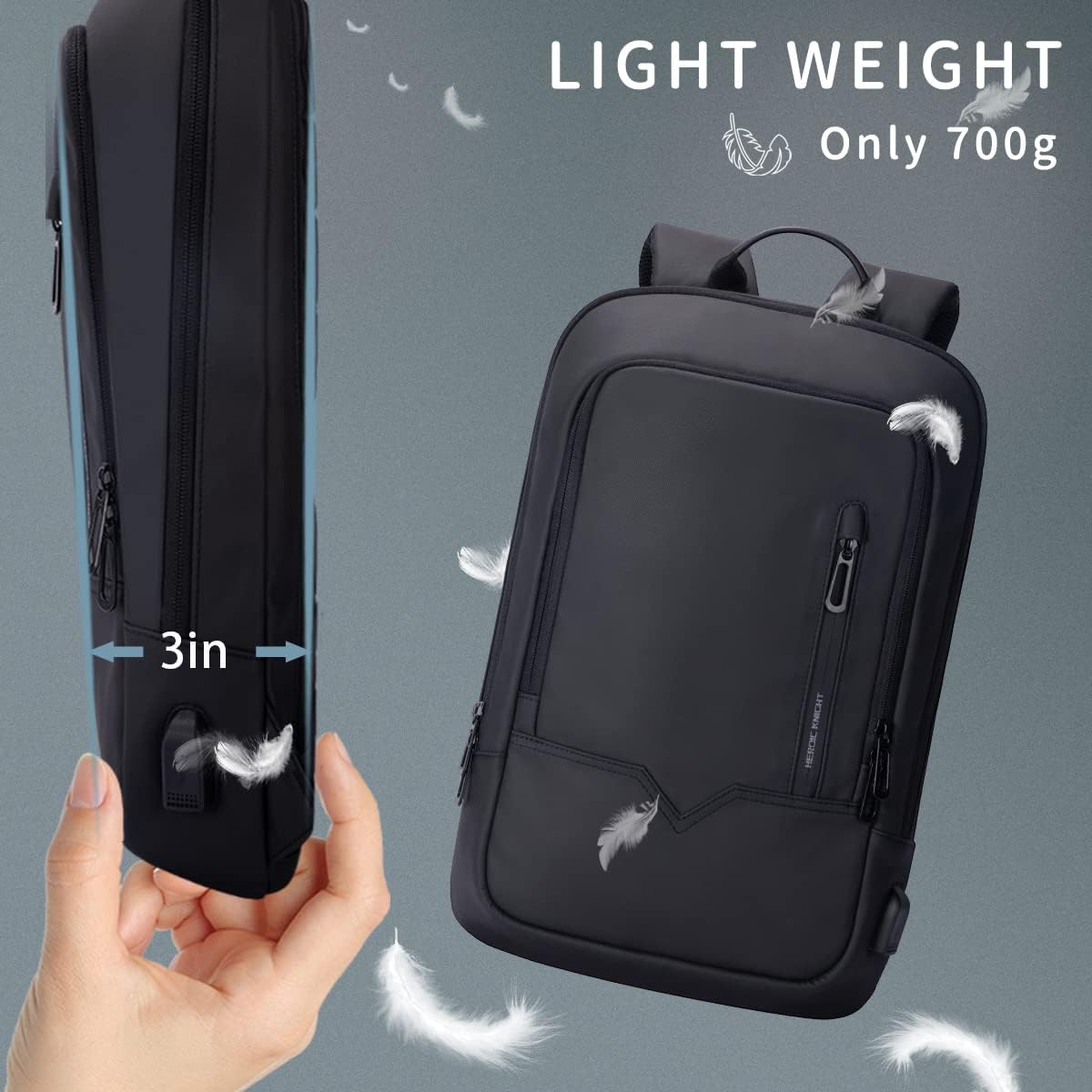 Backpack for Men Business Slim Backpack with USB Charger Computer Lightweight Anti-Theft Travel Backpacks 15.6 Inch Water Resistant Laptop Bag for Work Office College-Black