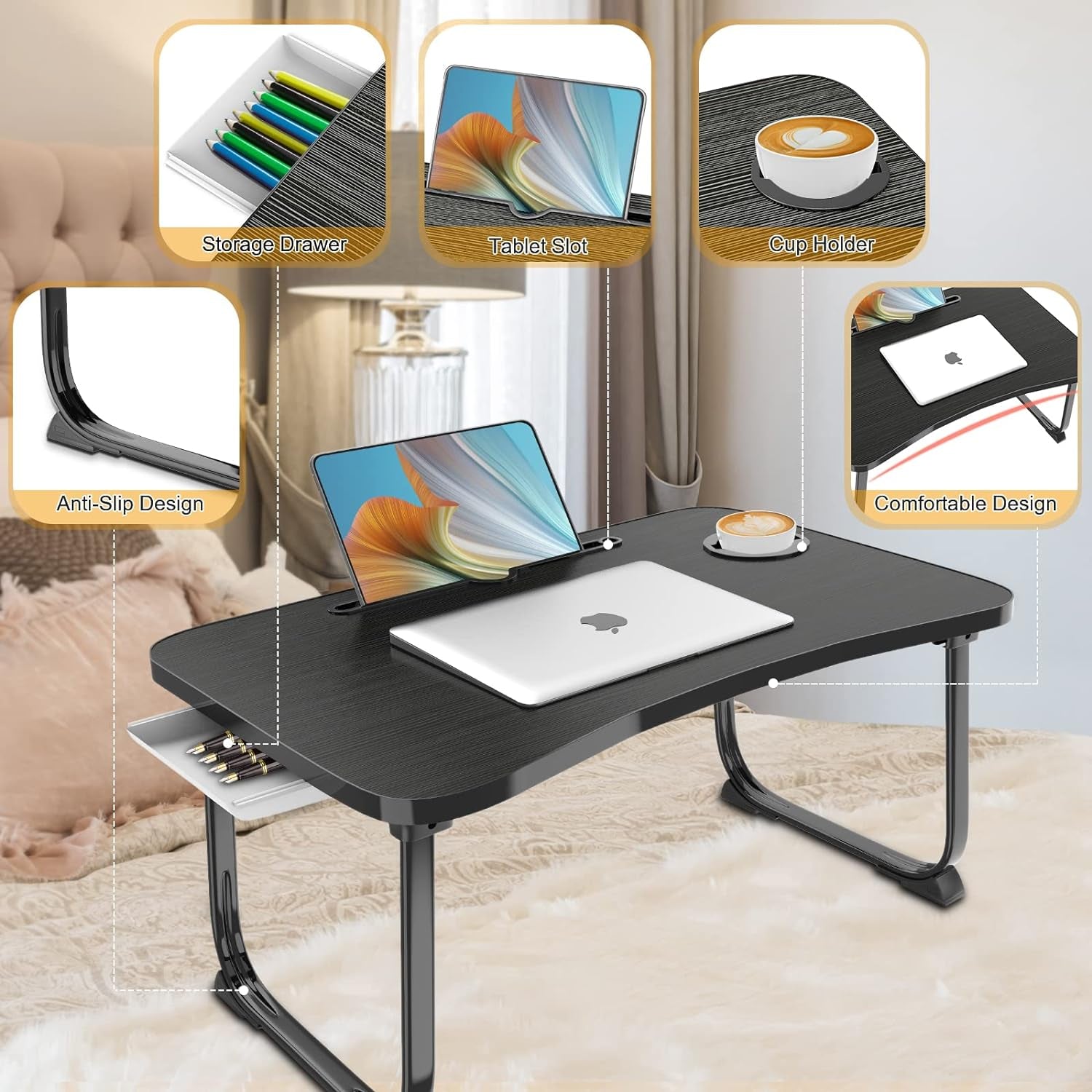 Portable Foldable Lap Desk with Storage Drawer and Cup Holder - Laptop Bed Stand Tray Table for Eating, Reading and Working
