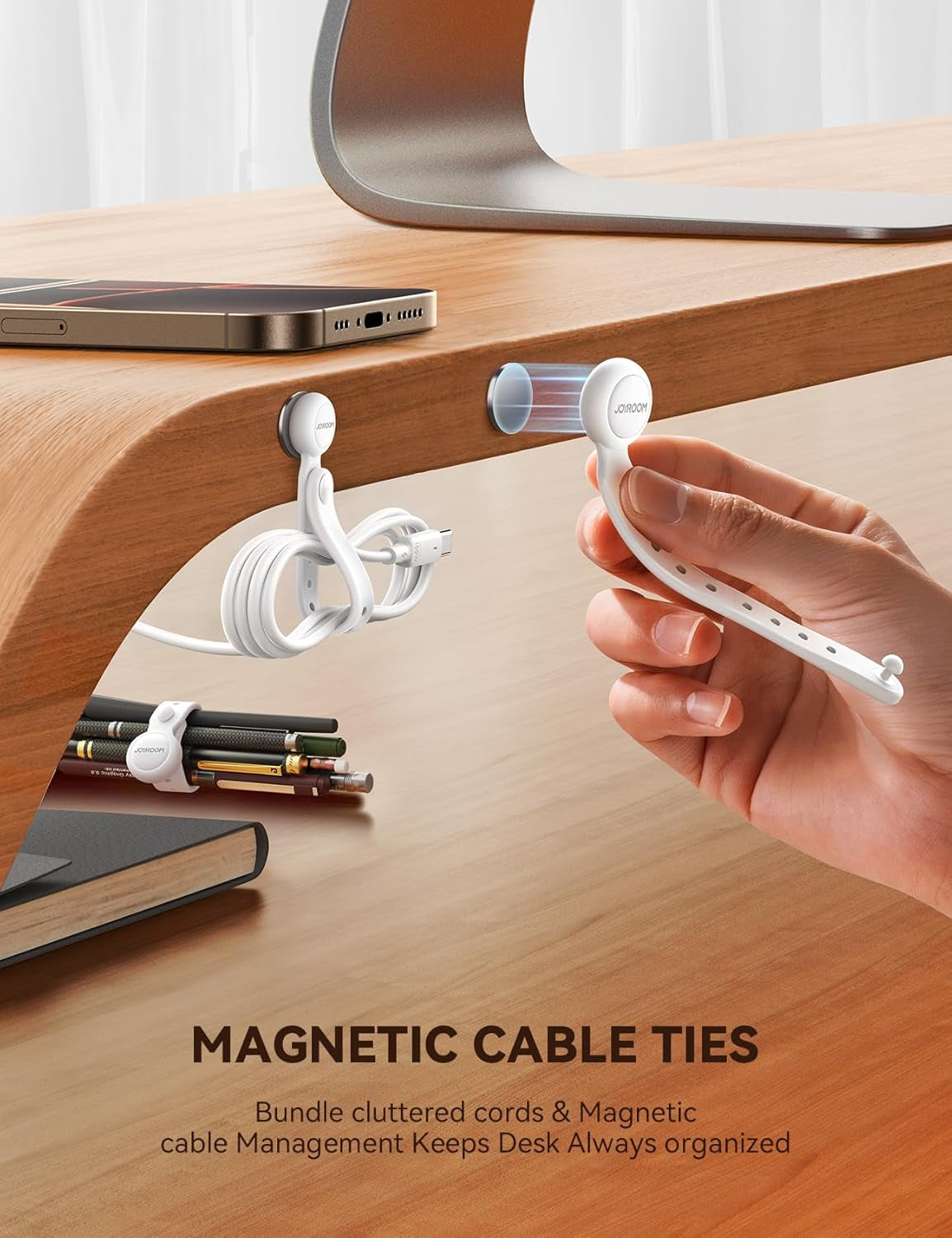 12PCS Magnetic Cable Ties - Reusable Silicone Cord Organizer with Buckle Holes, Elastic Cable Management Straps for Data Cables, Charging Cords, and More (White)