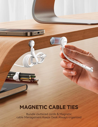 12PCS Magnetic Cable Ties - Reusable Silicone Cord Organizer with Buckle Holes, Elastic Cable Management Straps for Data Cables, Charging Cords, and More (White)