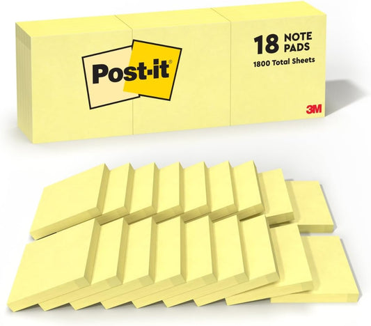 Notes, 3 in X 3 In, 18 Sticky Notes Pads, 100 Sheets per Pad, the Iconic Canary Yellow Note, School Supplies and Oﬃce Products