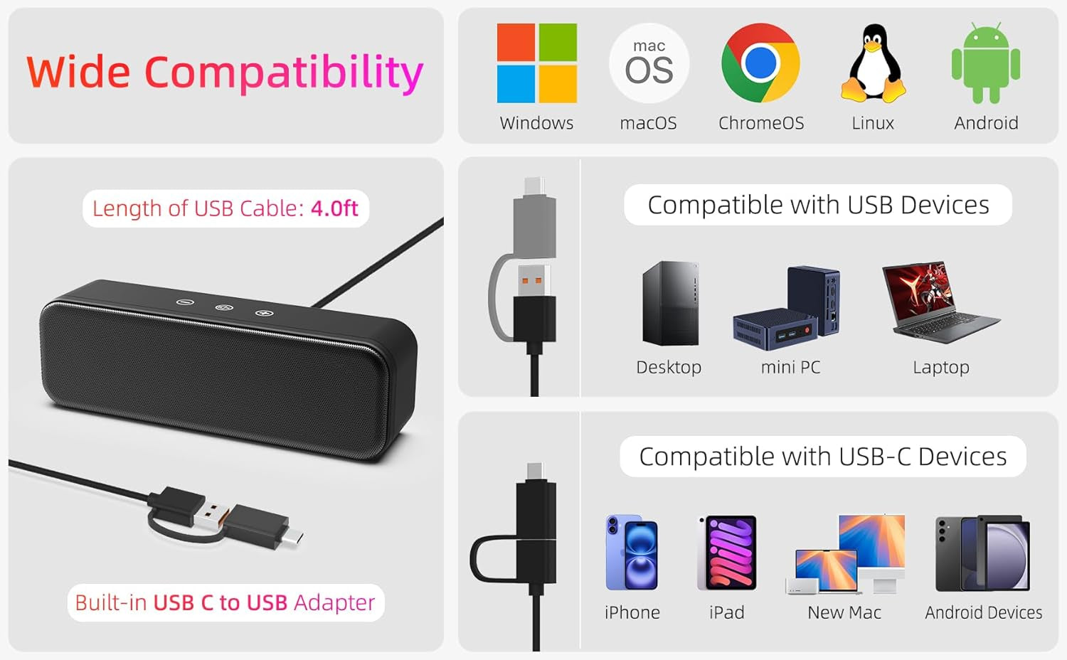 Computer Speakers for Desktop PC Laptop, Wired, USB Plug-In, External Speakers for Monitor, Small Computer Sound Bar for PC, Loud Speaker with Deep Bass, Touch Control, Built-In USB-C to USB Adapter