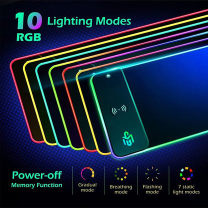 Wireless Charging RGB Gaming Mouse Pad 15W, LED Mouse Mat 800X300X4Mm, 10 Light Modes Extra Large Mousepad Non-Slip Rubber Base Computer Keyboard Mat for Gaming, Macbook, PC, Laptop, Desk
