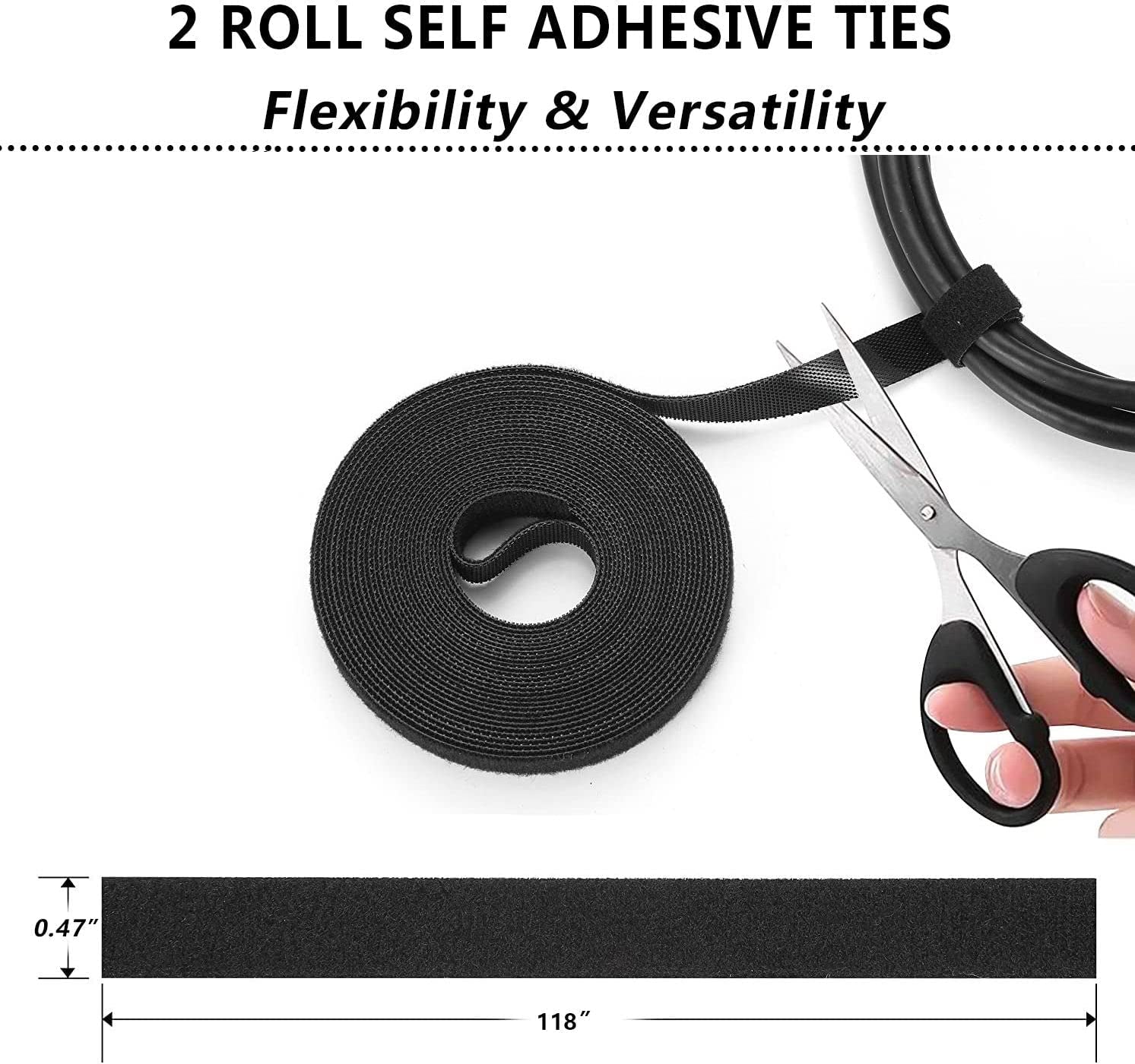 Cord Management Organizer Kit 4 Cable Sleeve Split with 41Self Adhesive Clips Holder, 10Pcs and 2 Roll Self Tie 100 Fastening Ties for TV Office Car Desk Home Black