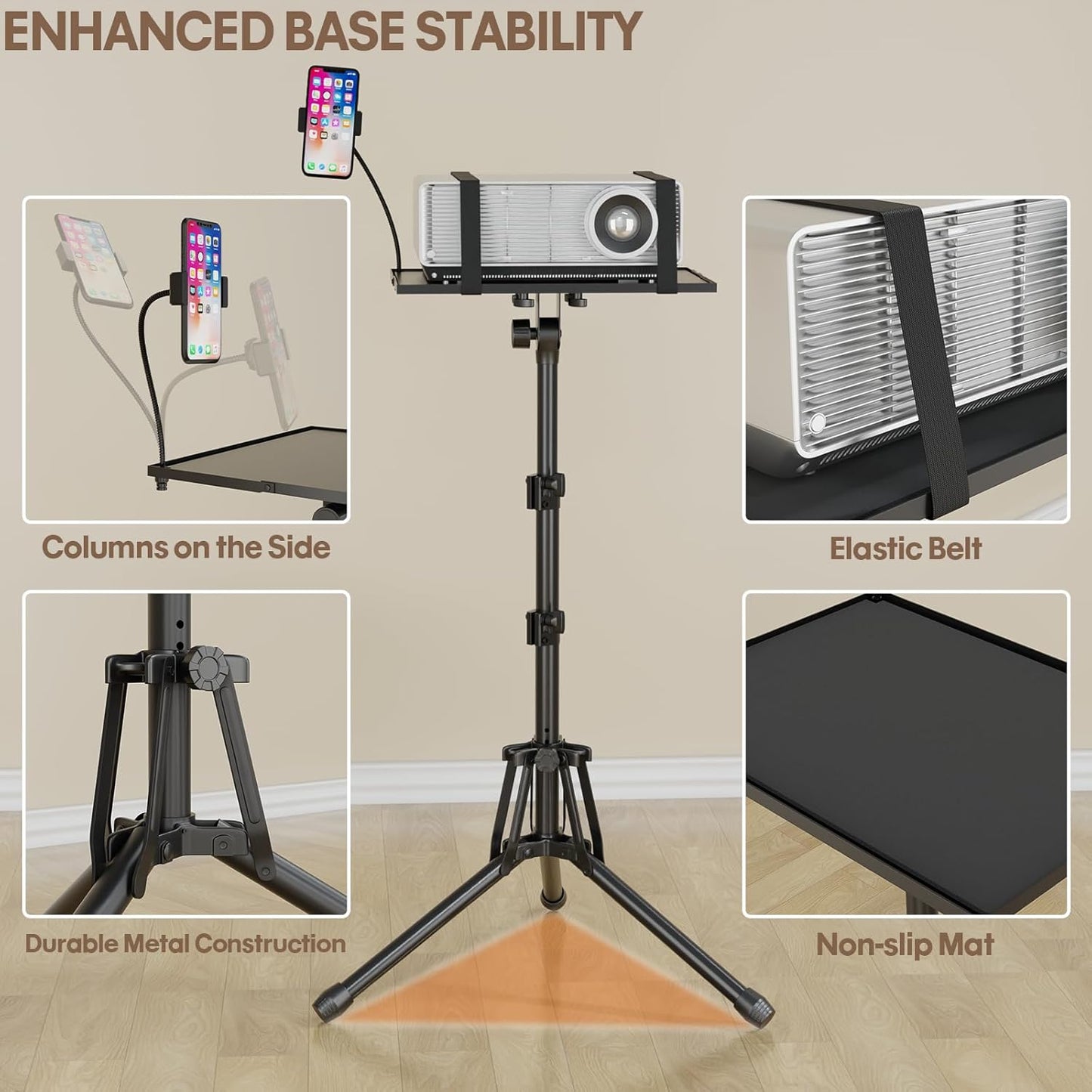 Projector Stand Adjustable Height 20" to 61", Foldable Projector Tripod Stand with Mouse Tray & Phone Holder, Portable Laptop Floor Stand for Office Home Stage Studio DJ Racks Podium Stand