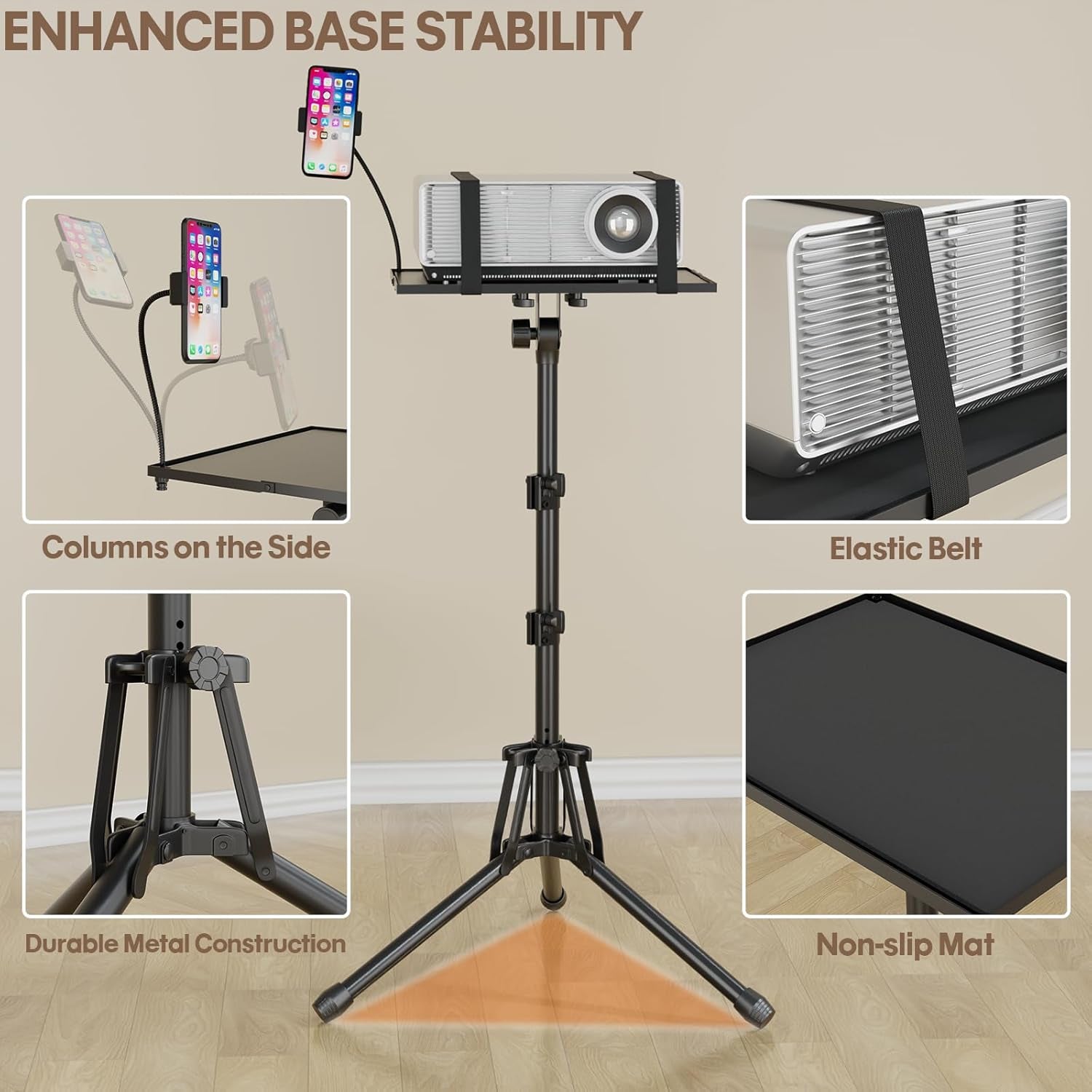 Projector Stand Adjustable Height 20" to 61", Foldable Projector Tripod Stand with Mouse Tray & Phone Holder, Portable Laptop Floor Stand for Office Home Stage Studio DJ Racks Podium Stand