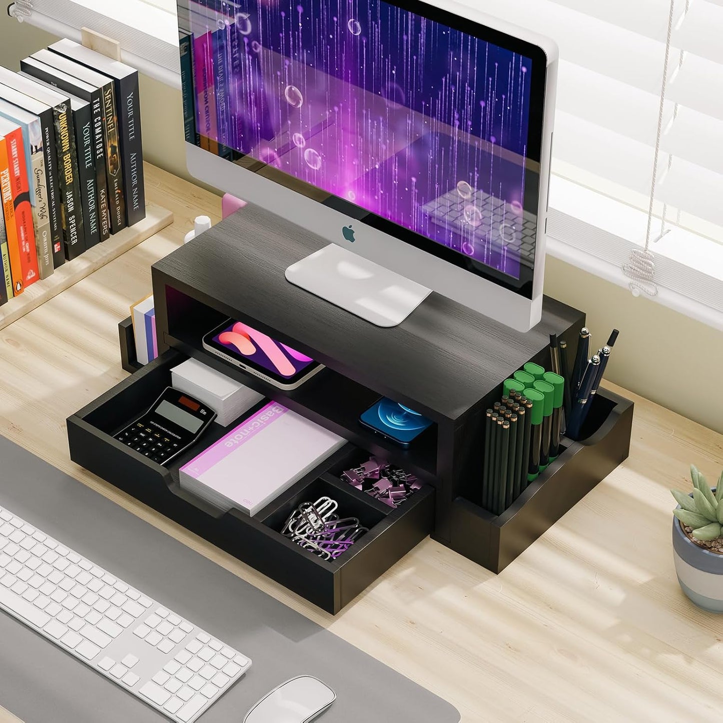 Monitor Stand Riser and Computer Wood Desk Organizer with Drawer and Pen Holder for Laptop, Computer, Imac, Black