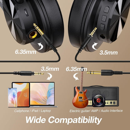 A70 Bluetooth over Ear Headphones, Wireless Headphones with 72H Playtime, Hi-Res, 3.5Mm/6.35Mm Wired Audio Jack for Studio Monitor & Mixing DJ Guitar AMP, Computer Laptop PC Tablet - Black