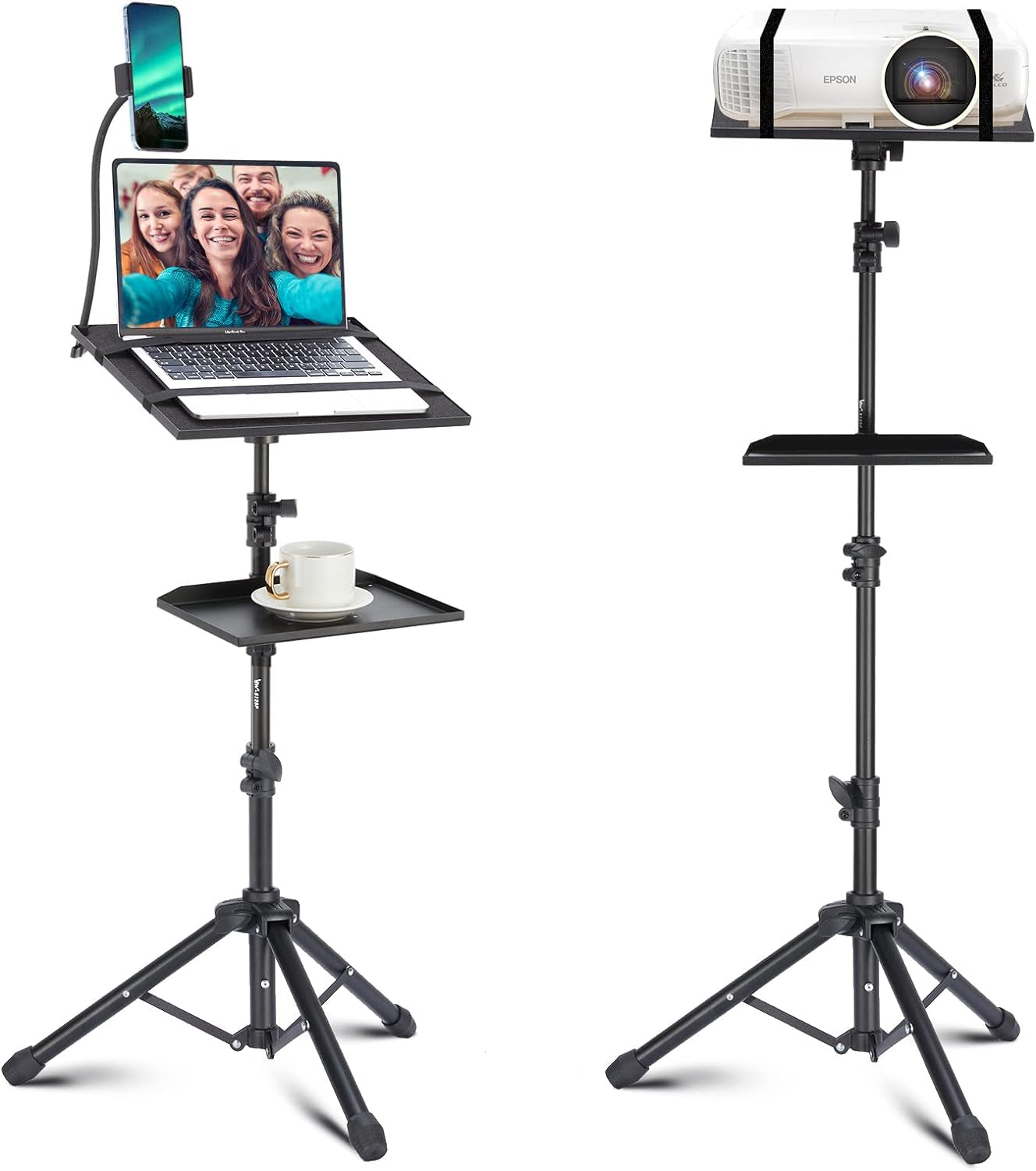 Projector Tripod Stand, 50” Laptop Stand with 2 Shelves for Projector, Ipad, DJ Equipment, Portable Adjustable Floor Stand with Gooseneck Phone Holder for Office, Home, Stage or Studio