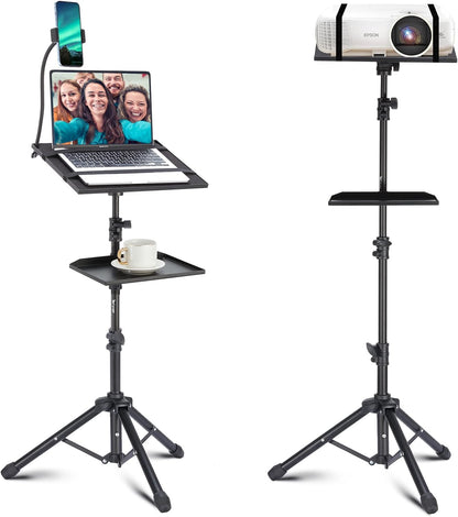 Projector Tripod Stand, 50” Laptop Stand with 2 Shelves for Projector, Ipad, DJ Equipment, Portable Adjustable Floor Stand with Gooseneck Phone Holder for Office, Home, Stage or Studio