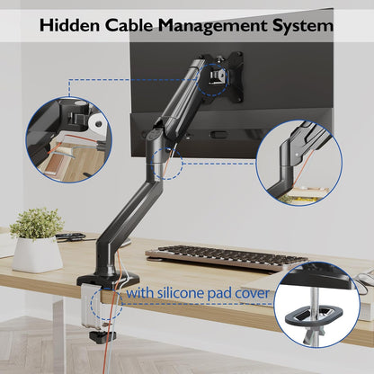 Single Monitor Desk Mount, 13 to 34 Inch Gas Spring Monitor Arm, Adjustable Stand, VESA Mount with Clamp and Grommet Base, Fits 6.6 to 19.8Lbs LCD Computer Monitors, Cable Management, Black