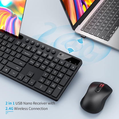 Wireless Keyboard and Mouse Combo,  2.4G Ergonomic Wireless Computer Keyboard with Phone Tablet Holder, Silent Mouse with 6 Button, Compatible with Macbook, Windows (Black)