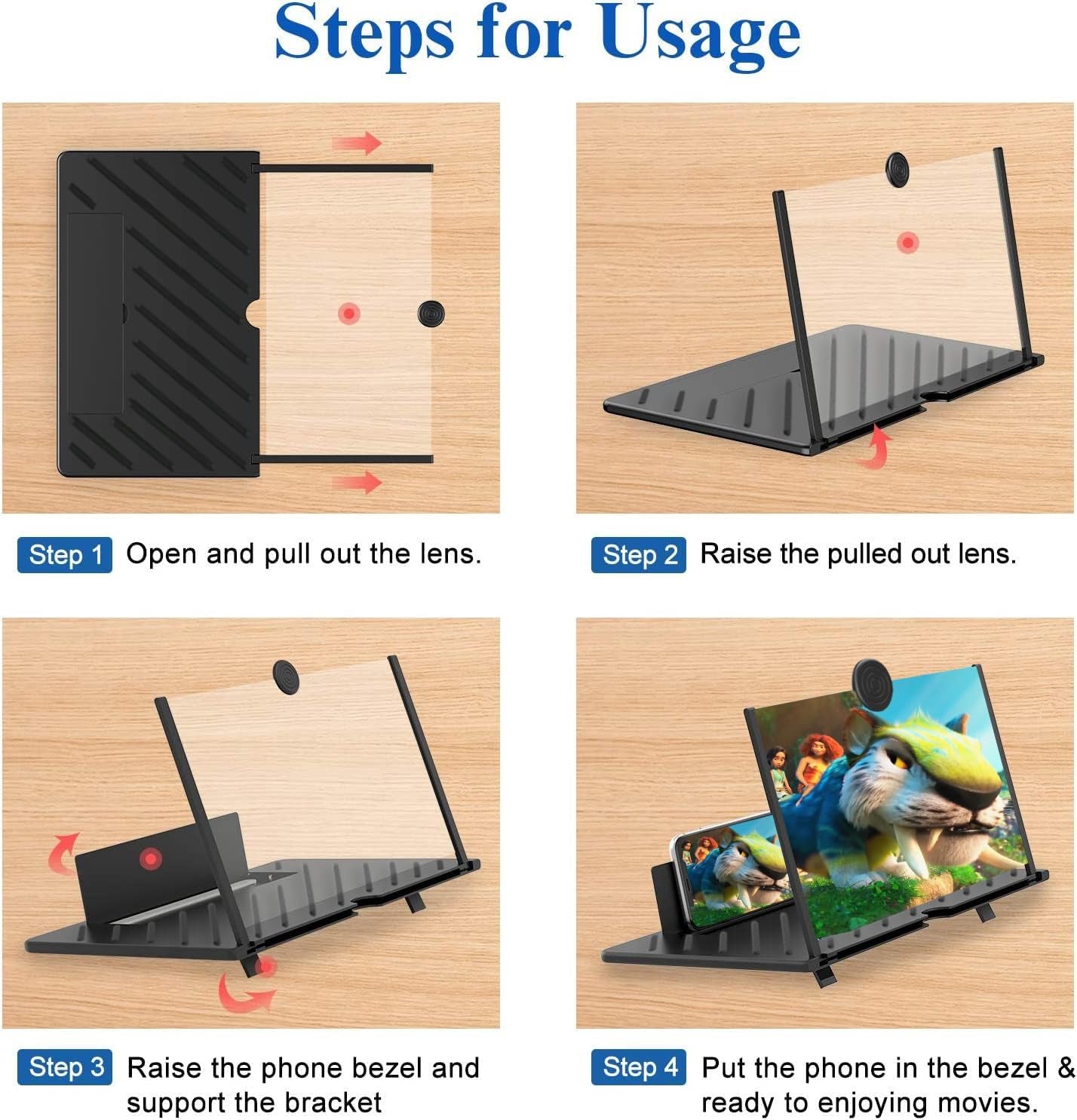 20" Screen Magnifier for Cell Phone,Mobile Phones 3D Magnifier, Screen Expanders for Movies, Videos, and Gaming, Foldable Phone Stand with Screen Amplifier Compatible with All Smartphones(Black)