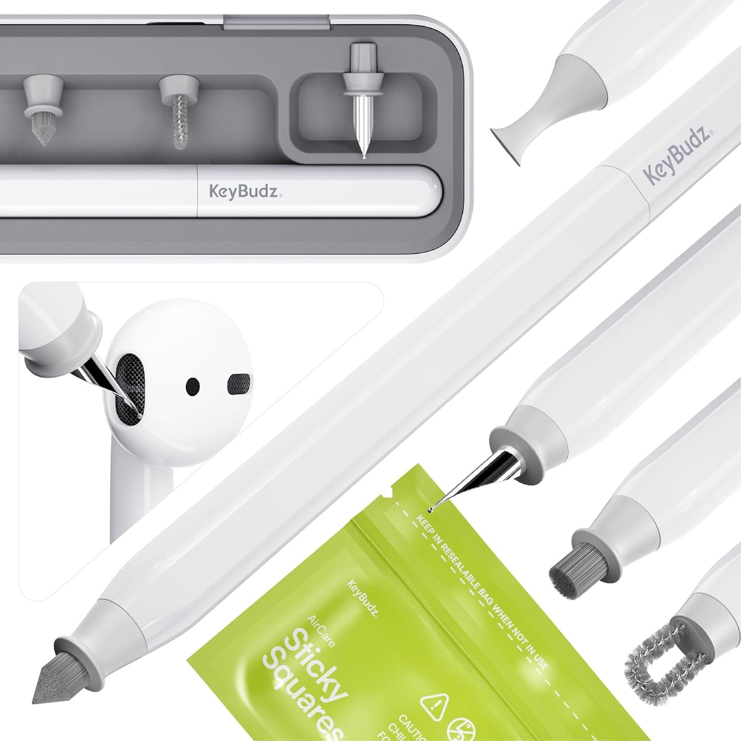 Air Care 2.0 Airpods Cleaning Kit - Patented Multi-Tool Cleaner with Interchangeable Brush Tips for Airpods, Iphone and Apple Devices with Sticky Squares Putty, Hard Case and Travel Pouch