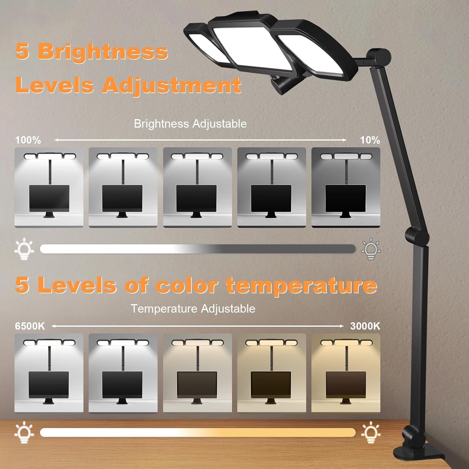 LED Desk Lamp with Clamp,Adjustable Swing Arm Desk Lamps for Home Office,Dimmable Tempering Eye Care Desk Light Bright Modern Led Table Lamp for Nail Tech Architect,Flexible Tall Task Table Light