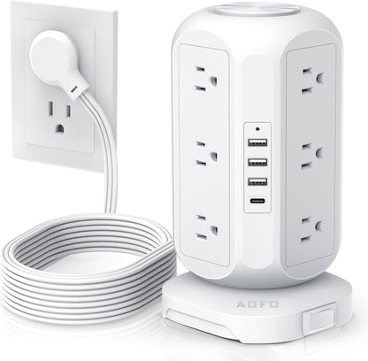 Tower Power Strip Flat Plug with 12 Outlets 4 USB(1 USB C), Surge Protector Charging Station with Overload Protection, Widely Spaced Multiple Outlets 10Ft Extension Cord for Home, Dorm,Office