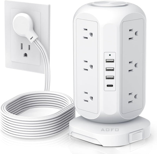 Tower Power Strip Flat Plug with 12 Outlets 4 USB(1 USB C), Surge Protector Charging Station with Overload Protection, Widely Spaced Multiple Outlets 10Ft Extension Cord for Home, Dorm,Office