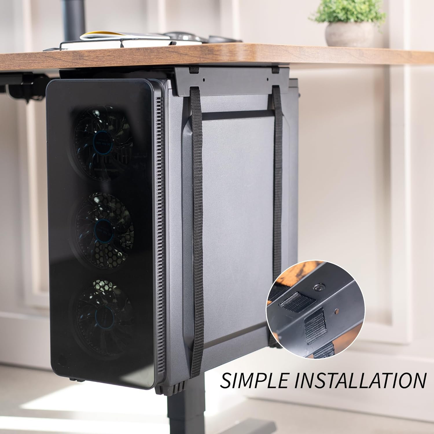 Under-Desk and Wall Mount PC Adjustable Strap and Steel Bracket Holder, Computer Case Carrier, Black, MOUNT-PC02S
